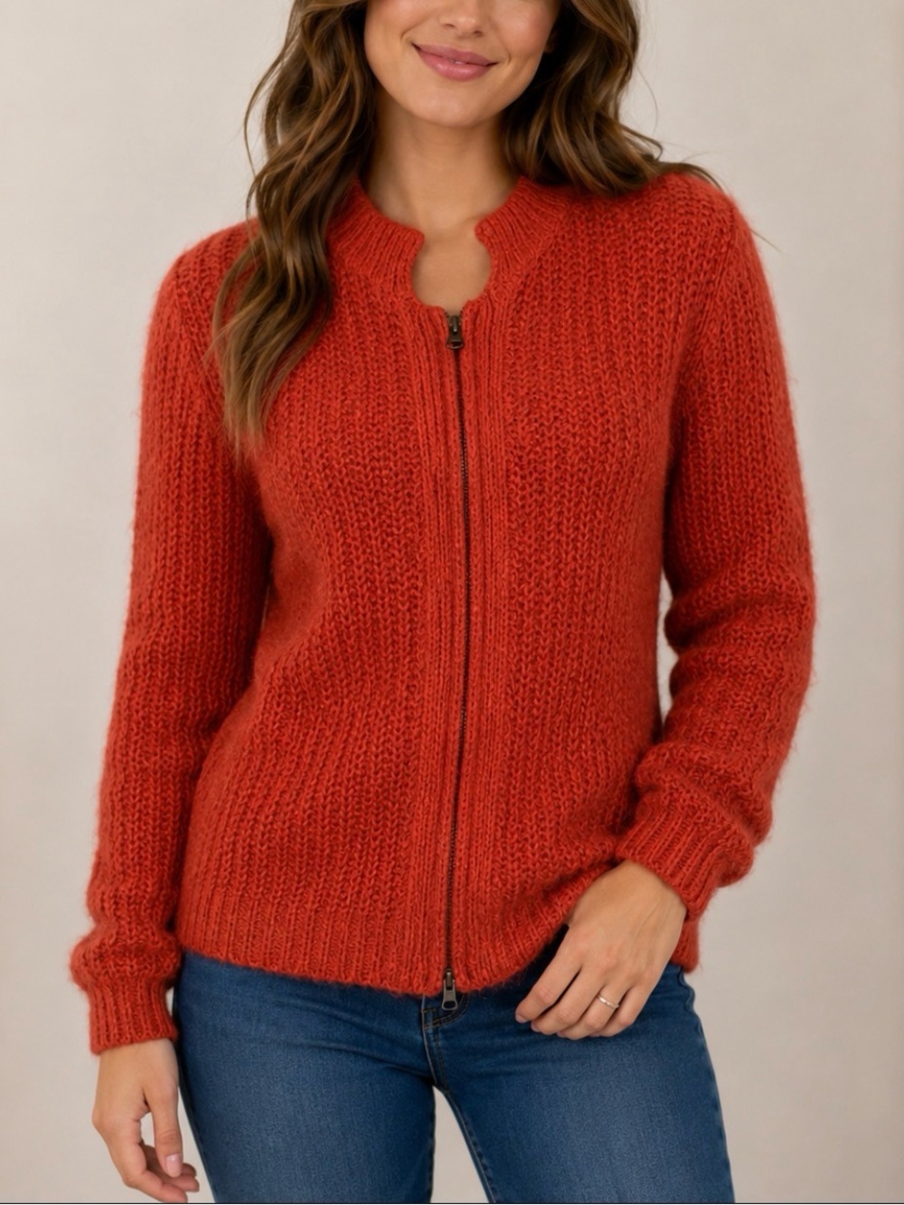 CAbi Coral Pink Soft Mohair Wool Full Zip-Front Knit Cardigan Lined Size XS #620